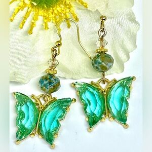 Teal Green Transparent Butterfly White Speckled Glass Gold Crystal Drop Earrings